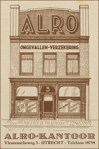 717321 Advertentie van ALRO-Verzekeringen, Vleutenseweg 3 te Utrecht, met een tekening van de pui van het kantoor.